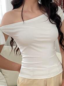 New Design Asymmetrical Neck Twist Tie Back Ruched T-Shirt Tops - White - View 2