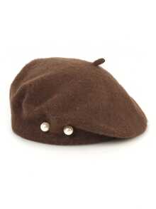 1pc Women Solid Color Faux Pearl Decoration Wool Casual Beret Cap, Elegant & Luxury Black Beret Hat,Summer,Beach,Holiday,Travel - Multicolor - View 21