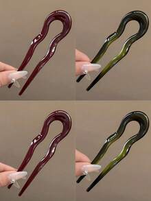 4pcs U-Shaped Hair Clips, Fashion Tortoiseshell Acetate Fiber Hair Clips, Geometric Design Hair Accessories, Hair Bun Maker, Hair Clips, Hair Styling Accessories For Women & Girls, Head Accessories - Multicolor - View 13