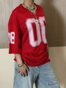Jersey Shirts For Women Y2k Oversized T Shirt Number Graphic Tees V Neck Half Sleeve Streetwear Tops - 紅色 - 查看 3