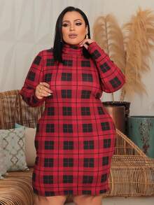 Women's Plus Size Dress Long Sleeve High Neck Elegant Premium Ribbed Fabric - Red - View 2