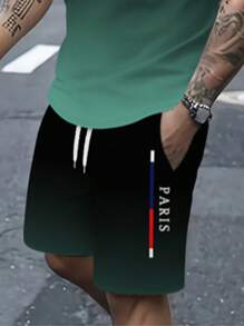 Herren 2-teiliges Lässig Outfit, Grüner Farbverlauf Buchstaben Muster Kurzarm T-Shirt + Kordelzug Sport Shorts, Sommer Herren Outdoor Rundhals Sportbekleidung Set