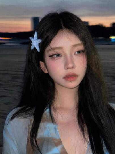 1pc Beach Vacation Mermaid Princess Shell & Starfish Hair Clip, Realistic Starfish Barrette, Claw Clip Side Bangs Hair Accessory, Vacation Style Hair Clip For Girls, School Stuff, Hair Accessories, Head Accesssories