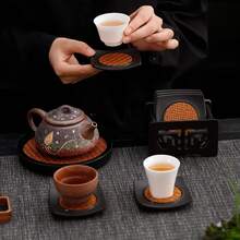 1 件日式竹编隔热黑色塑料杯垫和杯架套装，高端茶道配件 - 适用于厨房、餐厅、接待室、办公室、家居装饰 - 彩色 - 查看 2