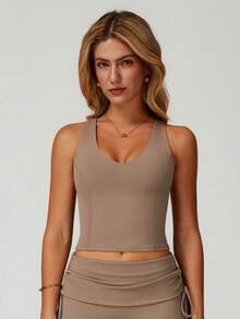 Women's Racerback Quick-Drying Fitness Crop Top Outdoor Running Sports Yoga Top - Brown - View 6