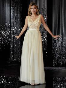 毕业晚会女式优雅 V 领亮片紧身胸衣网眼覆盖连衣裙腰部褶皱纯色优雅正式晚会舞会婚礼宾客礼服、派对礼服、婚纱、正式礼服、晚礼服、生日女士服装、毕业礼服、夏季婚礼伴娘 - 香檳色 - 查看 3