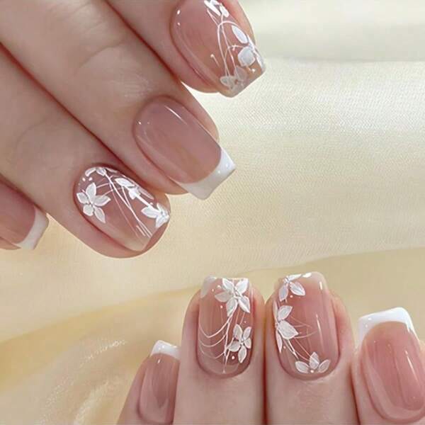 24Pcs Elegant Floral Press-On Nail Set - Sweet & Chic Short Square Fake Nails With Glossy Finish, Mixed Pink & White Flower Designs For A Gentle, Feminine Loo