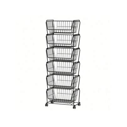 Stackable Metal Storage Carts, Dual Use Shelf For Kitchen Fruit Vegetable Baskets With Wheels, Storage Rack For Living Room, Home & Office, Standard Black 6 Tiers Unisex Design