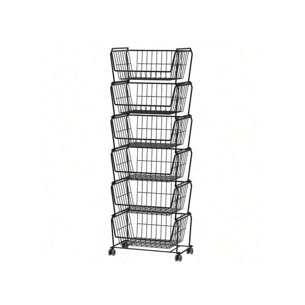 Stackable Metal Storage Carts, Dual Use Shelf For Kitchen Fruit Vegetable Baskets With Wheels, Storage Rack For Living Room, Home & Office, Standard Black 6 Tiers Unisex Design