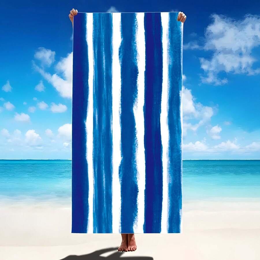 1pc Extra Large Microfiber Quick-Dry Striped Beach Towel, Rectangular, Perfect For Travel, Swimming, Yoga, And Picnic - Blue - View 1