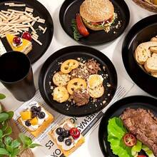 32/16pcs Wheat Straw Dinnerware Sets, Plates And Bowls Sets For 8, Black Plastic Dinnerware Sets, Microwave Dishwasher Plates, Dishes Set For 8 For Valentine'S Day, Durable Party Tableware Kit For Gifts  Brand: AYD - 黑色 - 查看 8
