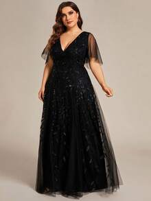 Plus Size Elegant Ruffle Sleeve Sequin Formal Dress, Black Evening Gown For Party - Black - View 7