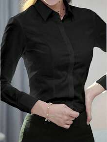 2026新款女士商务黑色衬衫，短袖职业正装，办公室工作衬衫，长袖衬衫上衣 - 黑色 - 查看 3