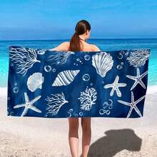 1 pieza Manta de playa con estampado de estrella de mar y concha - Tamaño grande, suave de microfibra, secado rápido, anti-arena, ideal para viajes, camping, natación, yoga y vacaciones en la playa, azul con patrón de criaturas marinas blancas, Esterilla de playa, Artículos esenciales de playa - Multicolor - Ver 3