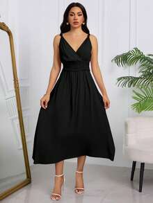 Vestido Largo Liso Para Mujer, Vestido Escote Profundo en V,Vestido Con Tirantes Y Nudo Torcido, Vestido Diseño De Panel De Encaje Con Cintura Elástica - Negro - Ver 1