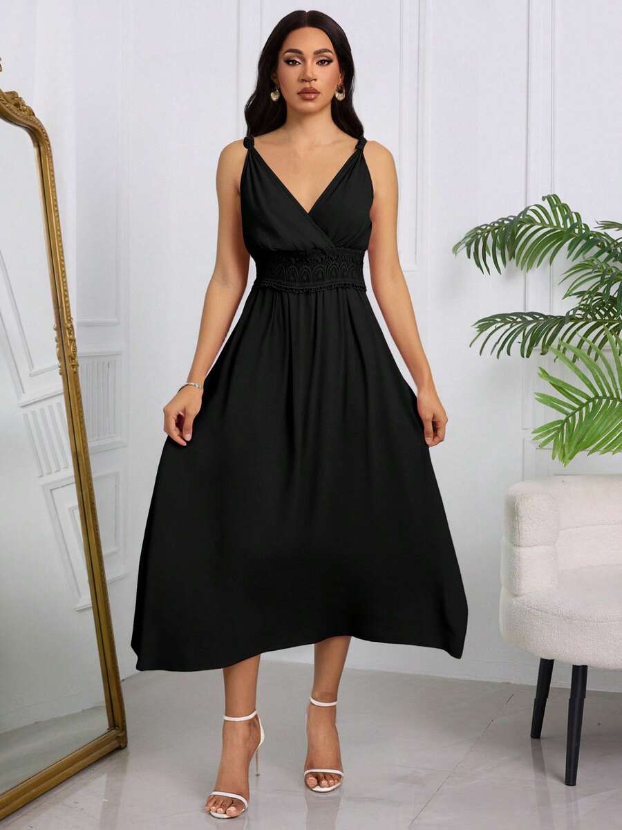 Vestido Largo Liso Para Mujer, Vestido Escote Profundo en V,Vestido Con Tirantes Y Nudo Torcido, Vestido Diseño De Panel De Encaje Con Cintura Elástica - Negro - Ver 1