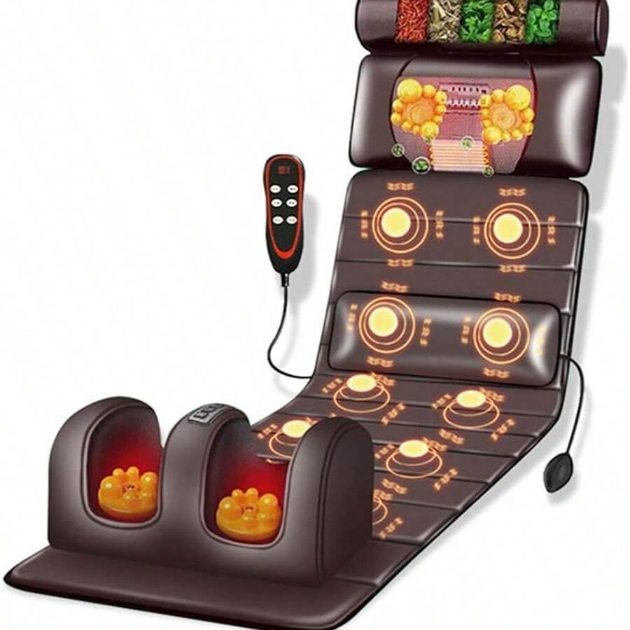 Full Body Massage Mat With Heating - 10 Vibration Nodes & Adjustable Pillow For Neck/Back/Leg Pain Relief - 138cm X 50cm Foldable Design With Remote Control (Brown) - 棕色 - 查看 1