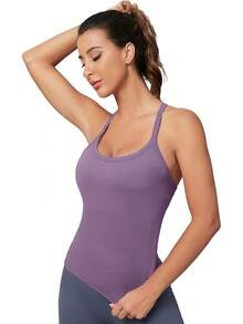 Workout Tops Women With Built In Bra, Sleeveless Gym Tops Seamless Racerback Athletic Yoga Shirts, Activewear - Grey Purple - View 4