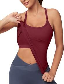 Workout Tops Women With Built In Bra, Sleeveless Gym Tops Seamless Racerback Athletic Yoga Shirts, Activewear - 酒紅色 - 查看 1