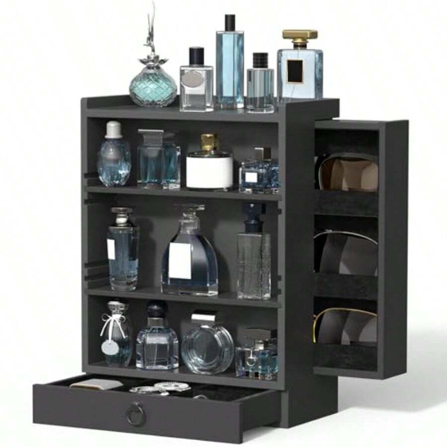Cologne Organizer For Men 4Storey Vertical Wood Perfume Stand Large Cologne Display Shelf With Felt Lining Drawer And 2 Hidden Compartments A Great Gift For Men - as pic - View 1