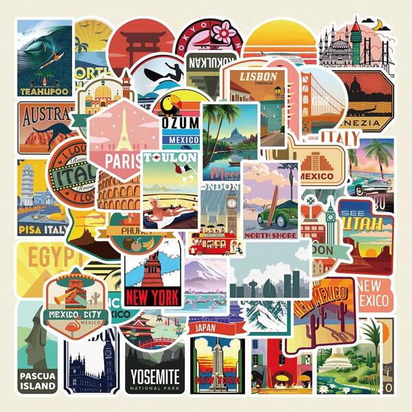 50 stuks vinyl stickers met stadslandschap, wereldattracties, decoratieve stickers voor laptop, waterfles, helm, skateboard, waterdicht cadeau
