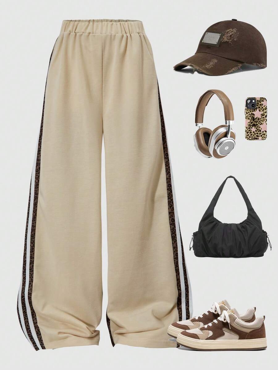 Fashionable Casual Girls' Sports Set, Featuring Wide-Leg Leopard Print Patchwork Striped Sports Pants, Suitable For Spring, Summer, And Autumn Wear - Apricot - View 1