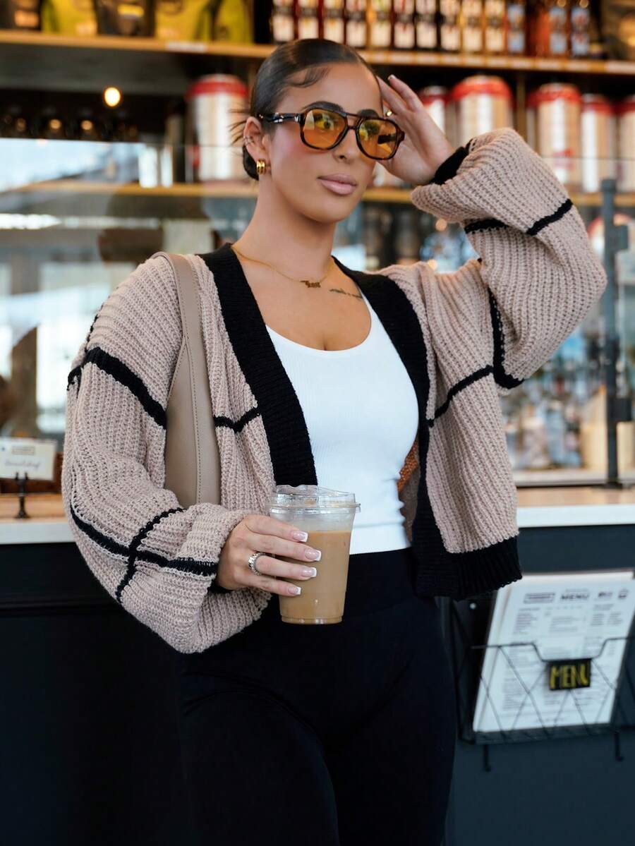 SAYEHFBABY Contrast Trim Lantern Sleeve Duster Cardigan - Multicolor - View 1