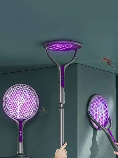 1个可折叠电蚊拍，USB Type-C充电，2800V物理灭蚊器，带可伸缩手柄和旋转折叠机构，多层网罩和紫外线吸引技术，适用于室内外使用 - 家居、卧室、厨房、办公室、露台