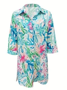 Women's Single-Breasted Tropical Floral Beach Cover-Up