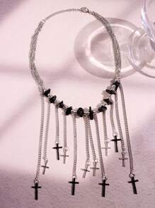 1pc Fashionable, Elegant, Unique, Refined, Dark Gothic, Y2K, Hip-Hop, Punk Style Cross Tassel Multi-Layer Necklace For Women, Suitable For Daily Wear, Festivals, Parties
