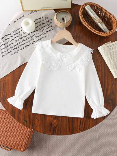 Tricou casual pentru fete, cu guler simplu din dantelă, culoare solidă, elastic, cu mânecă lungă, versatil pentru purtare zilnică și școală, primăvară și toamnă