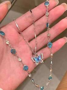 2 件装蓝色水晶蝴蝶项链，适合女士女孩双层颈链锁骨链珠宝礼物 - 彩色 - 查看 2