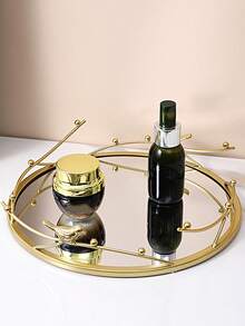 1pc Golden Round Glass Tray, Mirror Jewelry Tray, Perfume Tray, Mirror Vanity Tray, Dresser Tray Ornate Tray Metal Decorative Tray Perfume Organizer Makeup Tray For Vanity Dresser, For Home Room Living Room Office Decor