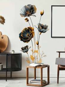 Elegant Handpainted Black And Gold Floral Wall Decal - Modern Matte PVC Removable Reusable Self-Adhesive Wallpaper, Suitable For Living Room And Bedroom Decoration