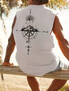 GRDR Men's Summer Casual Compass & Mountain Print Round Neck Tank Top - White - View 2