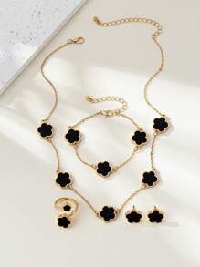 1 Set de Joyas de Flor de Trébol de Moda: Pulsera de Metal, Collar, Aretes, Anillo, Brazaletes, Elegante y Versátil para Mujeres