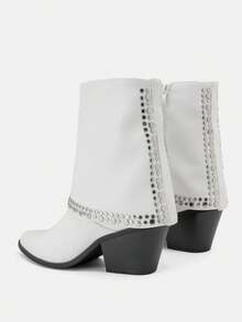 Women's Western-Style Ankle Boots With Metallic Studs – Pointed Toe And Block Heel Design For Bold Fall Looks - White - View 3