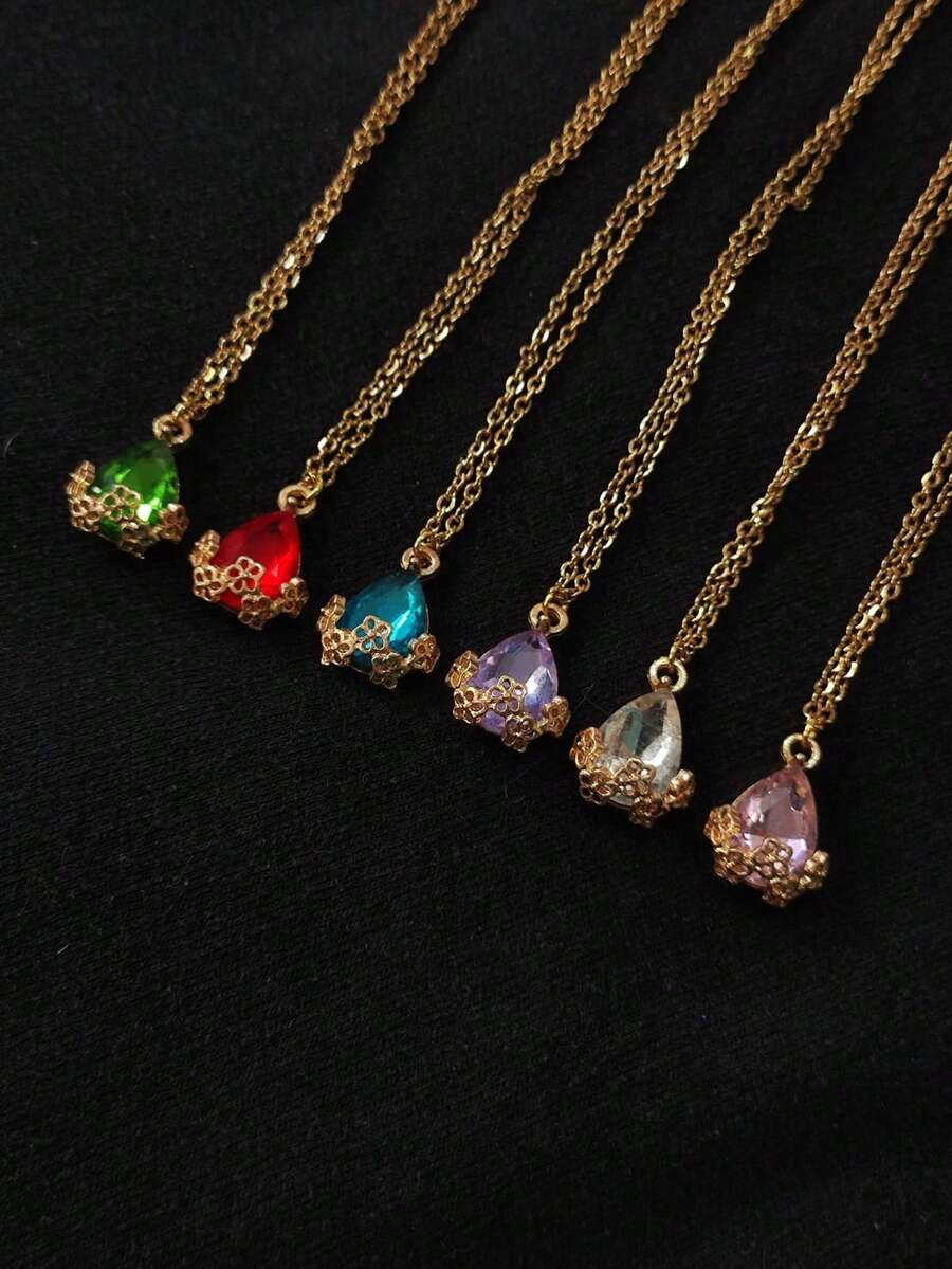 Water Drop Pendant Necklace Zirconia Flower Stainless Steel Chain Gold Choker Women Fashion Elegant Delicate Gift - 中藍色 - 查看 1
