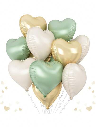 10/20pcs Random Green & Gold Heart Shaped Foil Balloons, 18" Green & Cream Heart Shaped Helium Balloons, Suitable For Jungle/Forest Theme Birthday, Wedding, Party Decoration
