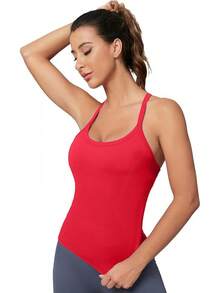 Workout Tops Women With Built In Bra, Sleeveless Gym Tops Seamless Racerback Athletic Yoga Shirts, Activewear - 真紅 - 查看 7