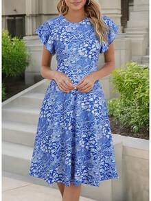 Women's Semi-Formal Ruffle Sleeve V-Back Work Fit And Flare Cocktail Knee Length Dress With Pockets, 2025 Style - 皇家花卉 - 查看 6