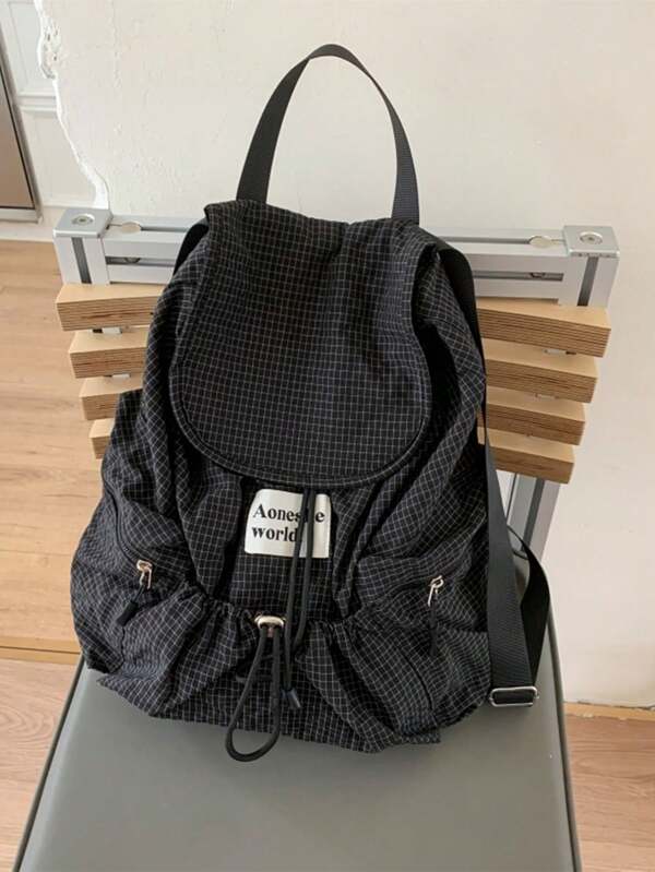 Summer Large Capacity Fashion Plaid Nylon Casual Backpack, Multi-Pocket, Water-Resistant, Lightweight, Foldable With Drawstring, Letter Patch, Travel Bag, School Supplies, Portable, Classic Casual, Suitable For Teen Girls Women College Students, Rookies & White-Collar Workers, Perfect For Back To School, First Day Of School, College, Stadium, Sports