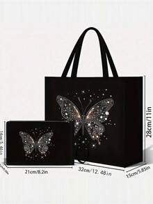 2 Pieces Pink Butterfly Print Tote Bag Set,Durable Jute With Stylish Pattern, Including Handy Coin Purse, Perfect For Shopping, Travel & Beach Adventures,Multifunctional Women's Bag, Suitable For Daily, Travel, Shopping, Work, Gift Giving - Black - View 5