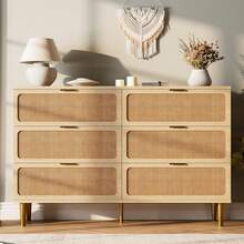 Fashion Elegant Style Dresser, Rattan 6 Drawer Dresser For Bedroom, Large Double Dresser With Deep Drawers For Living Room, Hallway, Bedroom - 米色 - 查看 4