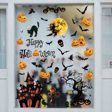 1 juego de pegatinas para ventanas de Halloween, pegatinas para ventanas de estilo moderno de PVC con diseños de castillo, murciélago y esqueleto, adecuadas para la decoración del hogar, la sala de estar, el dormitorio y la fiesta de vacaciones