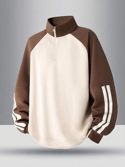 Sudadera casual con mangas raglán a rayas y media cremallera para hombres, de moda para primavera y otoño