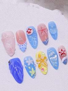 10pcs Hand-Carved 3D Nail Art Stickers, Short French Manicure Style, With 1pc Jelly Gel And 1pc Nail File, Reusable, Suitable For Women And Girls, Daily, Office, Party
