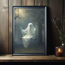 1PC Ghost Sitting On A Swing Halloween Horror Style Oil Canvas Painting Wall Arts Modern Vintage Posters Decoration, White Ghost In The Forest Modern Art Printed Poster Picture Room Decoration, Corridor, Living Room, Bedroom Halloween Wall Decoration(No Frame) - Multicolor - View 9
