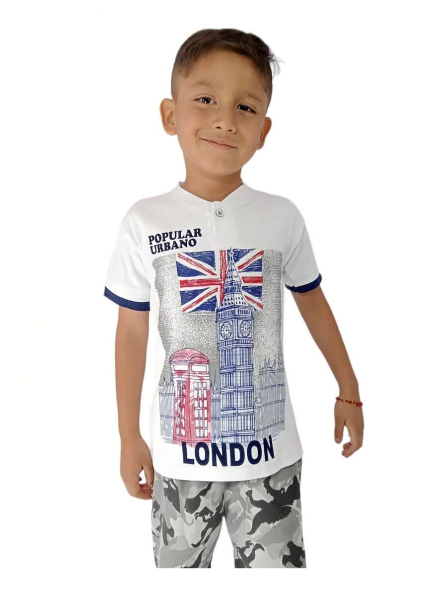 Playera Niño Estampada, Manga Corta Aletilla Con Botones - Blanco - Ver 1