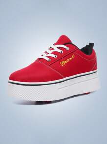2025 1 Pair Embroidered Letter Canvas Contrast Color Fabric Patchwork Low Top Lace-Up Round Toe TPR Sole White Black Red Wheels Dual Row Four Wheels Casual Sports Style Outdoor Indoor Wearable Rollable Fashion Comfortable Versatile Season Teenage Roller Skate Shoes